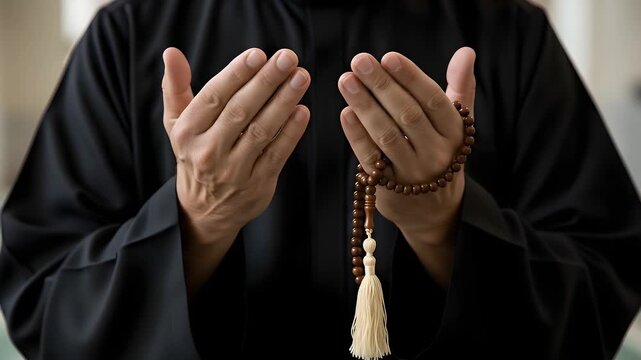 Close up of a devout Muslim man's hands holding prayer beads, performing traditional salat prayer gesture, seeking divine blessings with open palms.