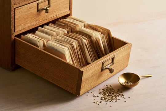 An oak card catalog drawer holds rows of hand labeled paper seed envelopes beside a small scoop, illustrating a community seed library and seed saving.
