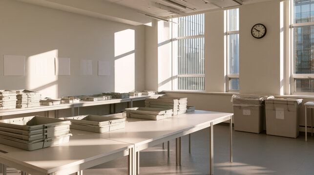 A bright empty election office work room with long sorting tables, stacked trays and sealed collection bins, illustrating election administration and ballot handling.

