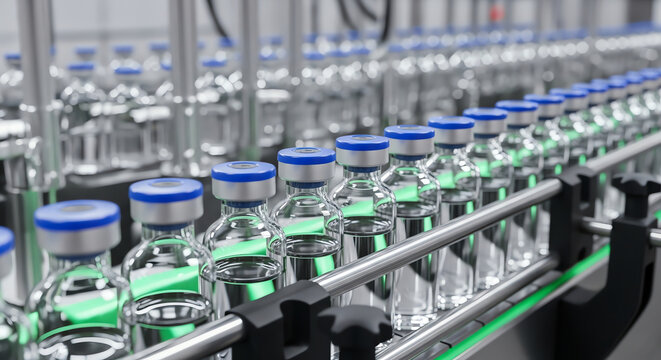 Automated pharmaceutical production line featuring glass vaccine vials in a modern industrial facility for professional interior design projects