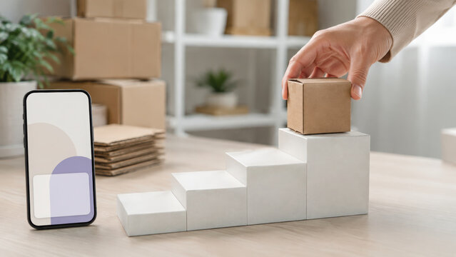 Business growth toolkit with hand placing cardboard package atop ascending blocks, symbolizing progress, planning, and successful commerce modern