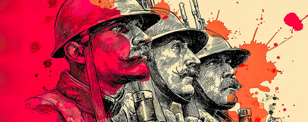 Obraz premium Vintage soldiers standing in helmets with red ink splashes. Ia
