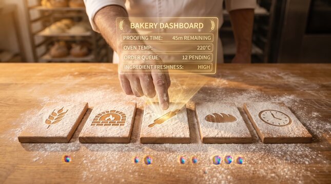 Bakery management concept with hands interacting with holographic wheat, oven, and rolling pin icons