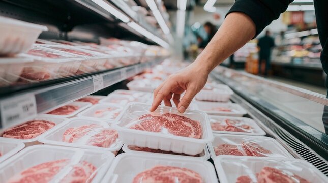 Person selecting packaged fresh beef from chilled display case in grocery store