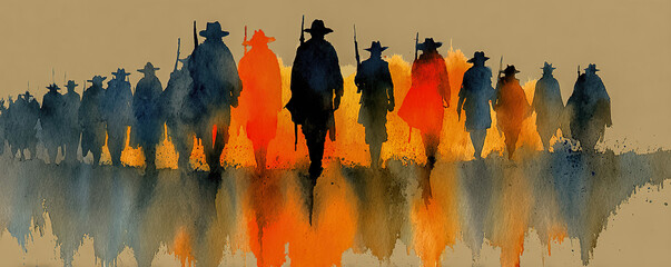Obraz premium Cowboy outlaws walking in western watercolor sunset. Ia