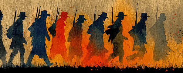 Obraz premium Soldiers marching watercolor art style military war. Ia