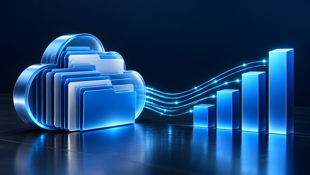 3D cloud storage computing icon transferring file folders through glowing data streams into financial growth bar chart