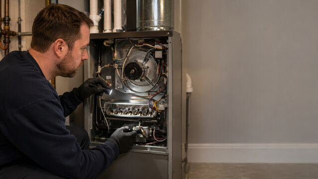 Home hvac repairman inspecting residential heating furnace with focused attention during indoor maintenance service and repair work