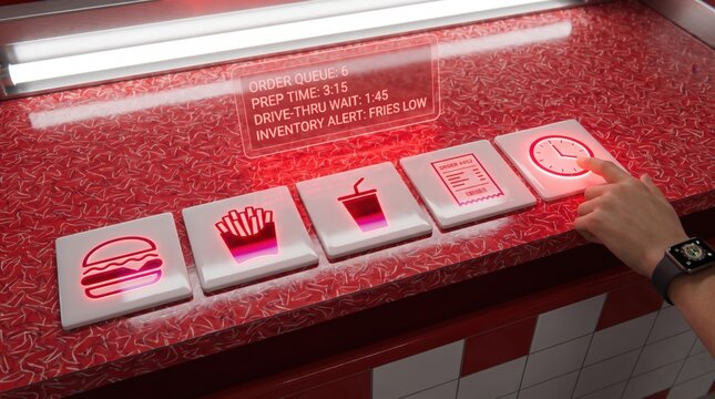 Hand interacting with fast food icons of burger, french fries, soft drink, order receipt, and clock for quick service restaurant order queue and inventory management