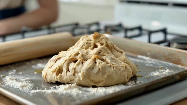 Cinematic 4K culinary close up as a ball of soft freshly kneaded bread dough drops onto a floured wooden surface highlighting elasticity gluten texture and the tactile art of baking bread