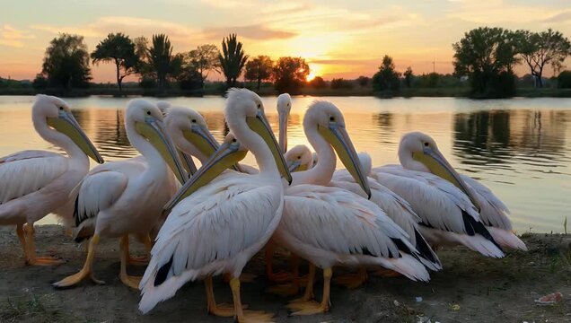 Calm and serene 4K ultra-high-definition wide shot of a flock of pink pelicans gathered closely along the edge of a peaceful pond emphasizing social behavior unity and tranquil wildlife