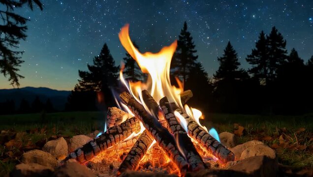 Atmospheric 4K ultra-high-definition night scene featuring a beautifully crafted decorative bonfire fire pit with intricate star-shaped cutouts that cast magical patterns as flames shift through