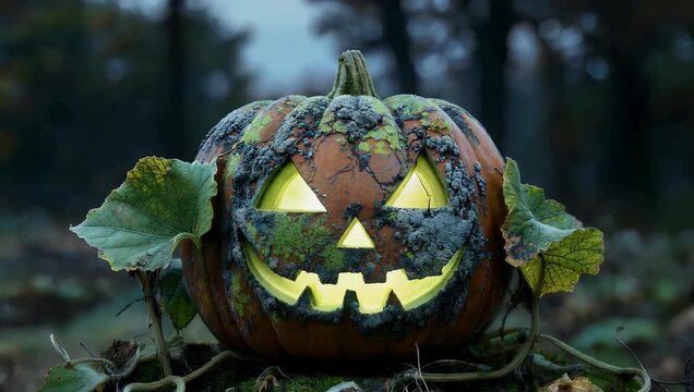 Medium-speed 4K ultra-high-definition time-lapse of a Halloween jack-o -lantern gradually collapsing as mold spreads leaves twitch and the interior light flickers symbolizing decay the passage of