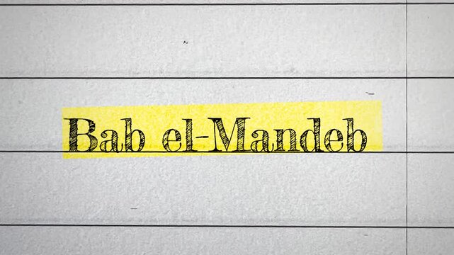 Bab el-Mandeb text animation with yellow highlight on paper texture background 4k footage for commercial use