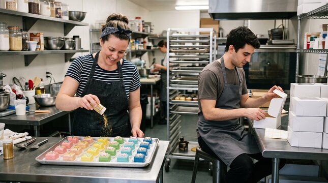 Bakers preparing colorful petit fours and packaging them in a professional kitchen