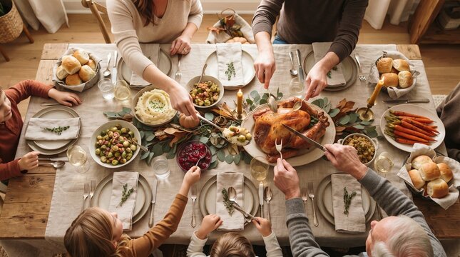 Family sharing Thanksgiving feast around large dining table with seasonal decorations and roasted turkey centerpiece