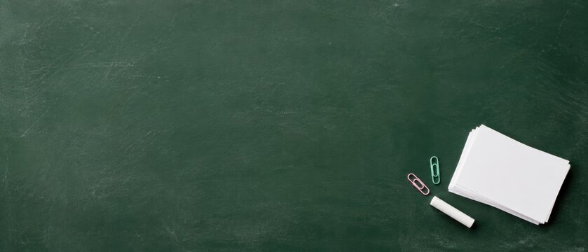 blank green chalkboard with white index cards, chalk and colorful paperclips in corner with copy space