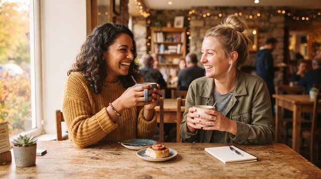 Two women laughing while sharing a drink at a cozy wooden caf&eacute; table with natural light