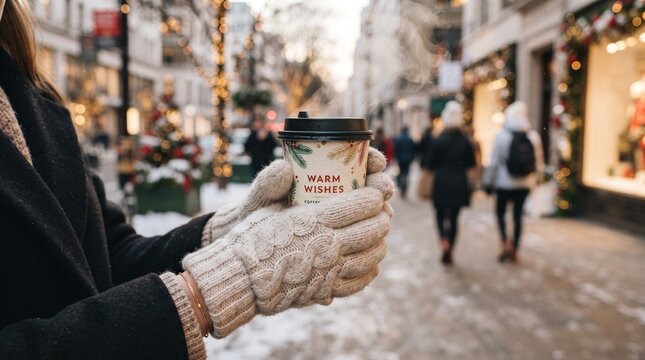 Person wearing winter gloves holds steaming coffee cup in urban street setting during daytime