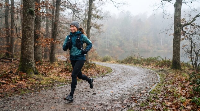 Serious runner in athletic gear sprints down misty forest trail with dynamic motion blur