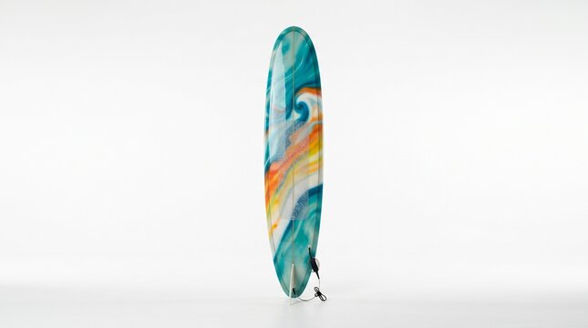 Colorful surfboard with abstract resin art standing on white background