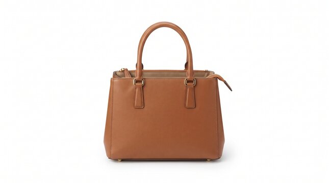 Elegant brown leather handbag with gold hardware on white background