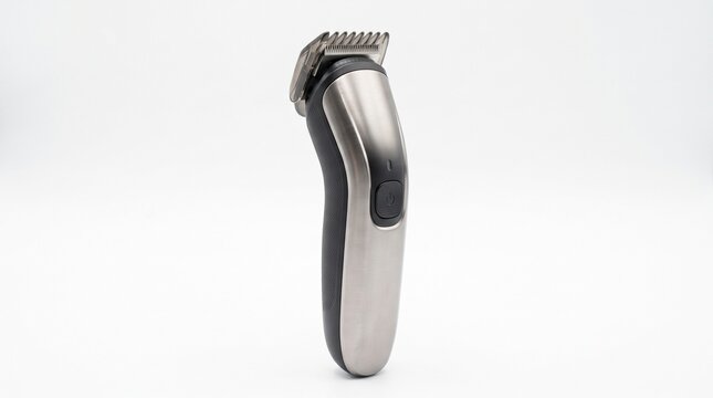 Close-up of a modern electric beard trimmer on a white background