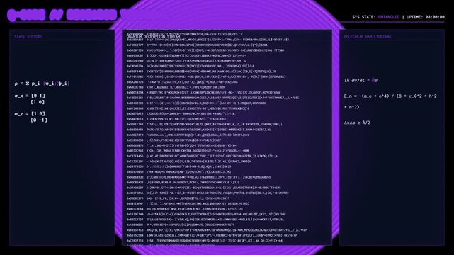 Quantum Code Interface: A simple animation of glowing purple and pink digital code scrolling vertically against a dark background, representing a futuristic programming environment or data processing 