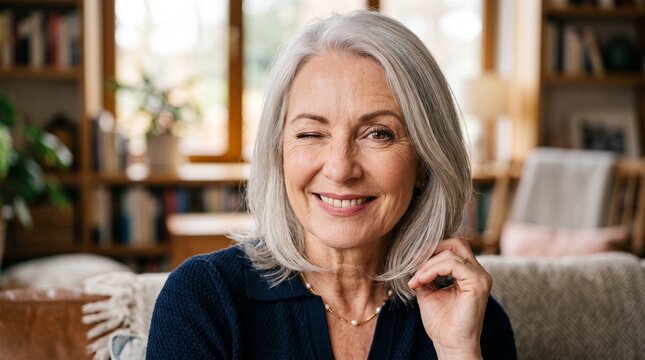 Smiling mature woman with gray hair winking playfully in a cozy home setting