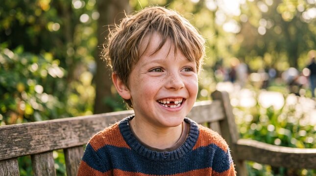 Happy young boy with missing front teeth laughing in a park