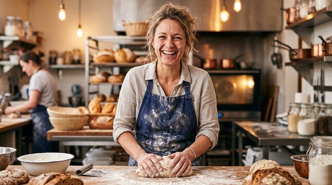 Happy baker woman kneading dough in a bakery kitchen with bread in background