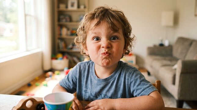 Toddler makes a funny face with puckered lips and wide eyes at home