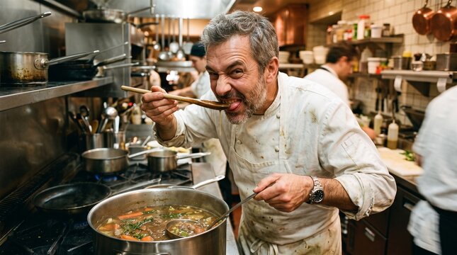 Chef tasting soup in busy restaurant kitchen with steam rising