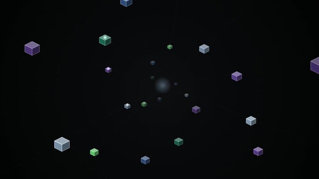 A digital network connects small three dimensional cubes across a dark background.