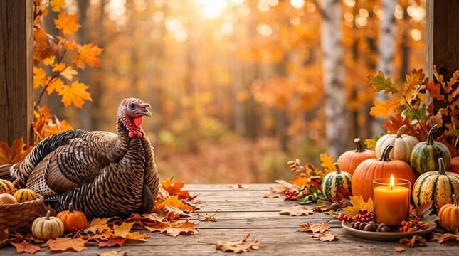 Thanksgiving background decoration from dry leaves,red berries and pumpkin on background.  with copy space 
