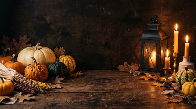 Thanksgiving background decoration from dry leaves,red berries and pumpkin on background. 