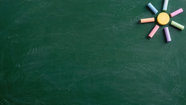 empty green chalkboard with colorful chalk pieces arranged as sun in top right corner with large copy space