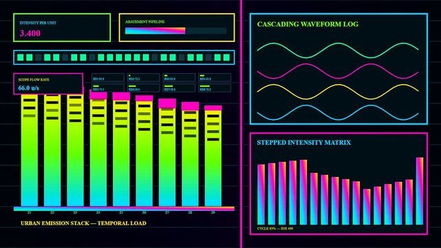 Digital esg analytics display showing shifting vibrant neon waveform patterns and vertical bar charts in a computer interface for real time monitoring of complex system metrics