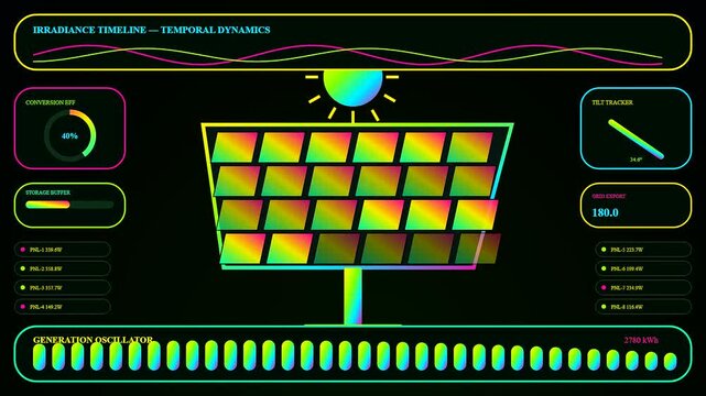 Data dashboards showcasing esg analytics with neon solar panel interface elements representing renewable energy monitoring systems displayed on a dark virtual screen for analytical business reporting