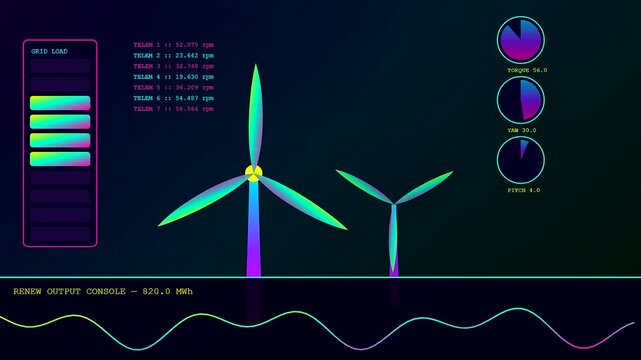A sophisticated Esg analytics dashboard visual interface displays rotating wind turbine blades and fluctuating power data streams on a dark screen during a modern energy monitoring session