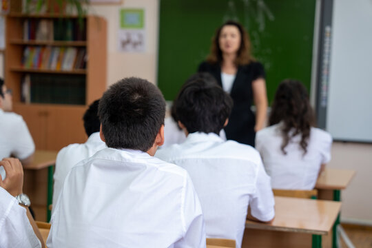 Schoolchildren are sitting in the classroom listening to the teacher