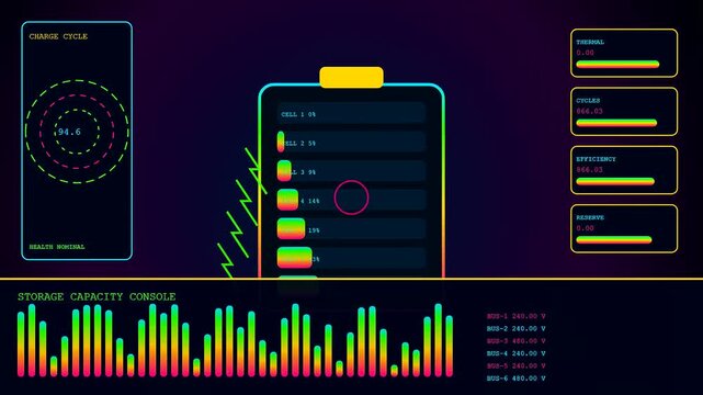 A detailed esg analytics interface displays vibrant energy consumption metrics with shifting bar charts and circular data monitors for tracking industrial battery storage systems performance levels