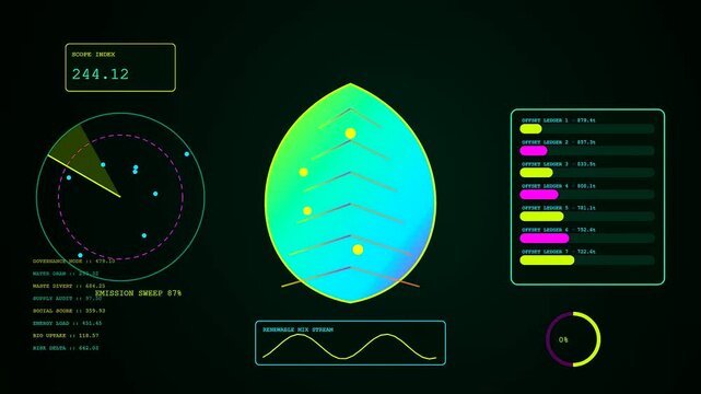Three panel digital screen display showing esg analytics with glowing neon leaf icons radar charts and circular data graphs changing in a dark interface computer console