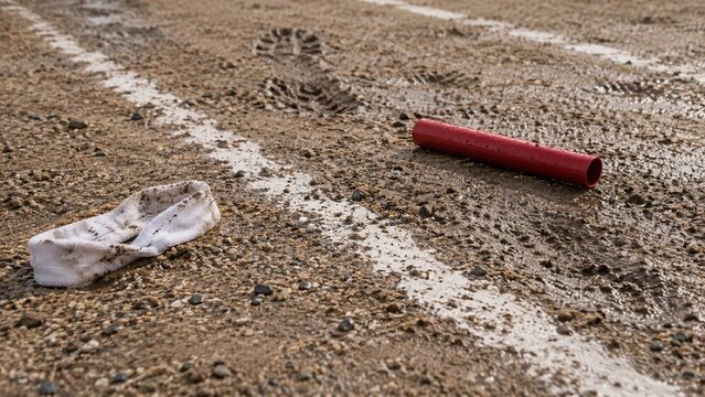 A close up view of wet sand showing white painted lines of a crosswalk, a small white cloth piece rests near the foreground, and a red cylindrical object lies on the damp ground surface