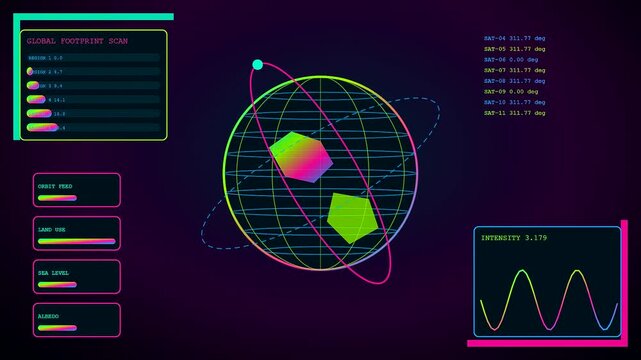 A digital Esg analytics interface visualizes global planet scan data with pulsing light nodes and glowing holographic lines across three distinct screens in a dark room