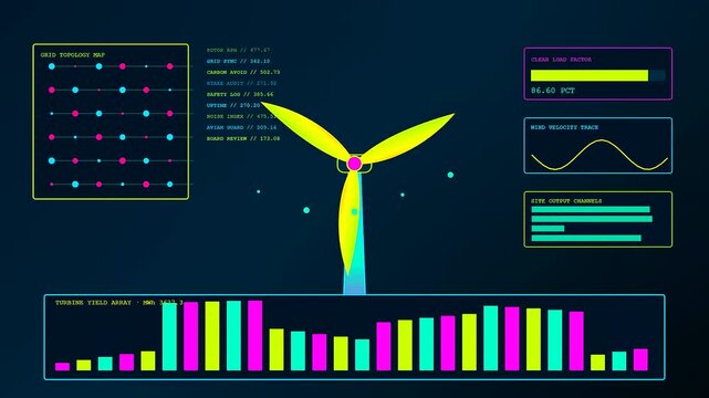 A digital ESG analytics dashboard screen displays rotating wind turbine blades and data visualization bar charts over a dark blue background during industrial monitoring operations