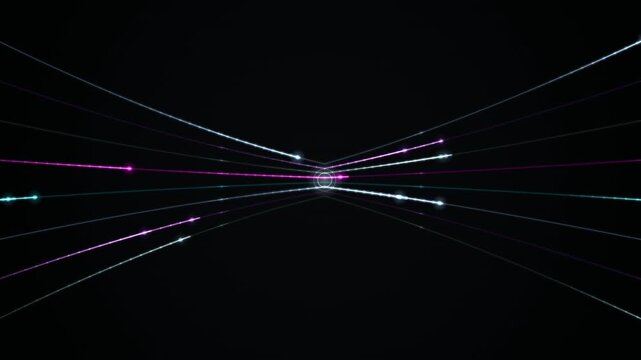Glowing lines converge into a central focal point creating a digital tunnel effect against a dark background.