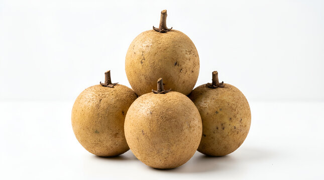 Four ripe round brown sapodilla fruits with rough fuzzy texture stacked pyramid with small dry stem on top, dull skin black spots, sweet tropical fruit, clean white minimalist background