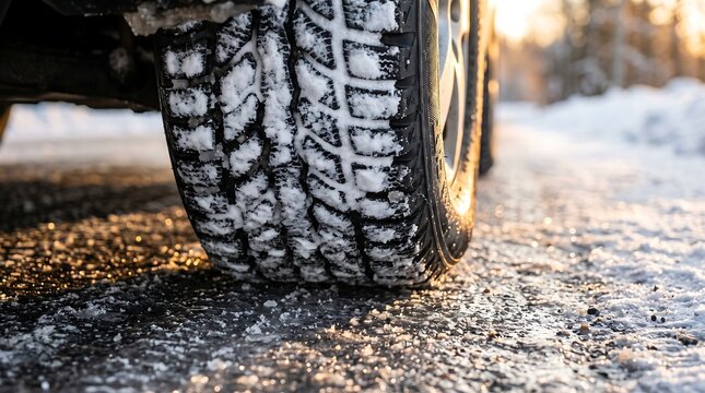 Winter Car Tire with Deep Tread Packed with Snow on Frozen Icy Road during Golden Hour Sunset for Safe Driving and Vehicle Transportation Concept Projects