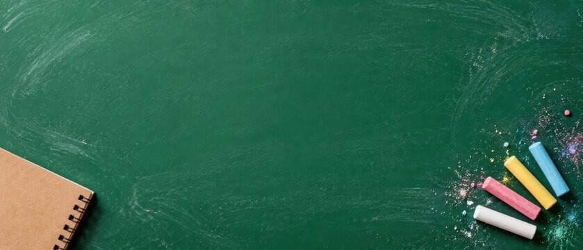 blank green chalkboard with brown spiral notebook, colorful chalk pieces and chalk dust in bottom corners